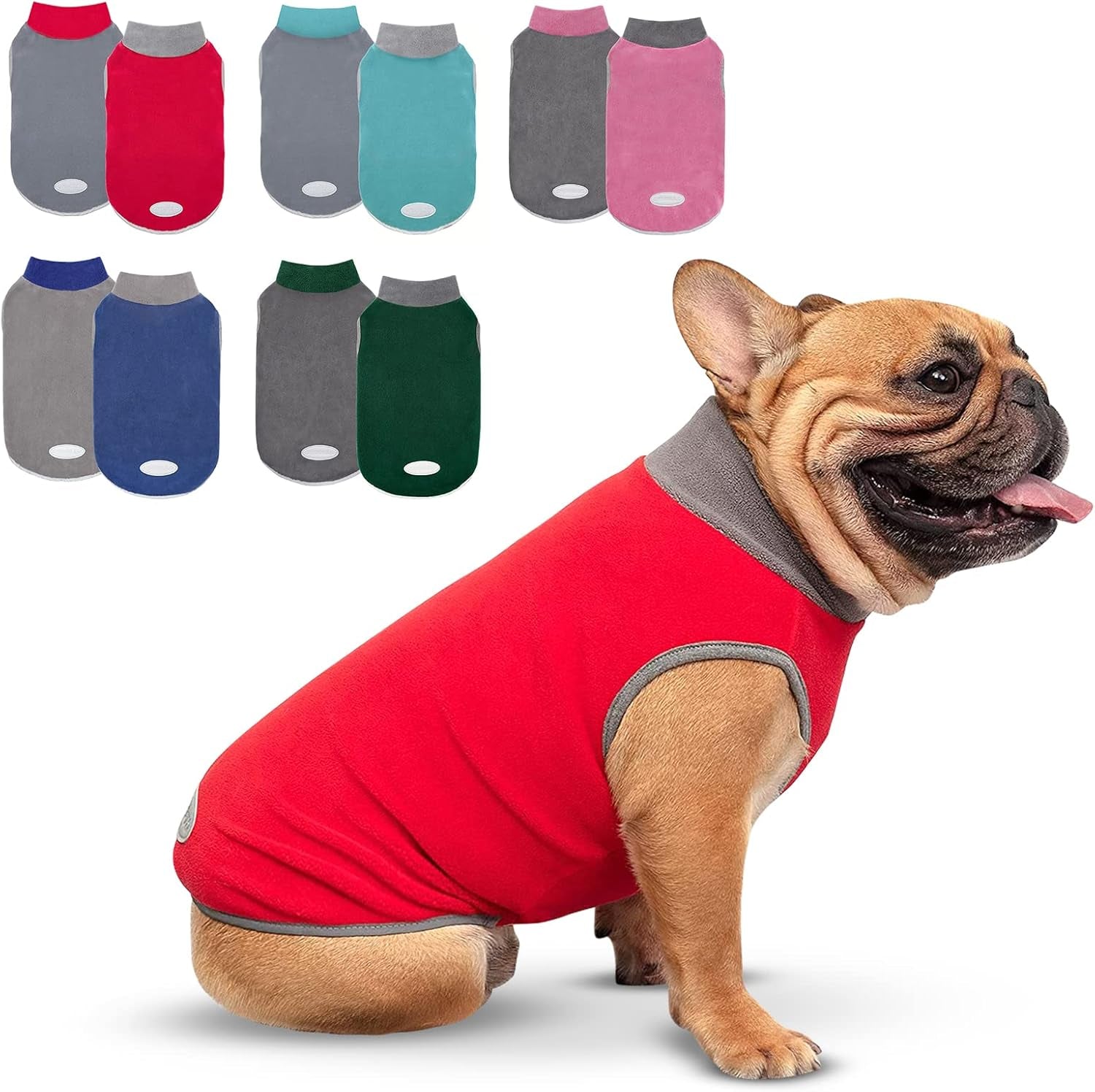 2 Pack Lightweight Dog Sweaters - Stretchy Fleece Vests with Reflective Stripes for Small Dogs in Grey & Red