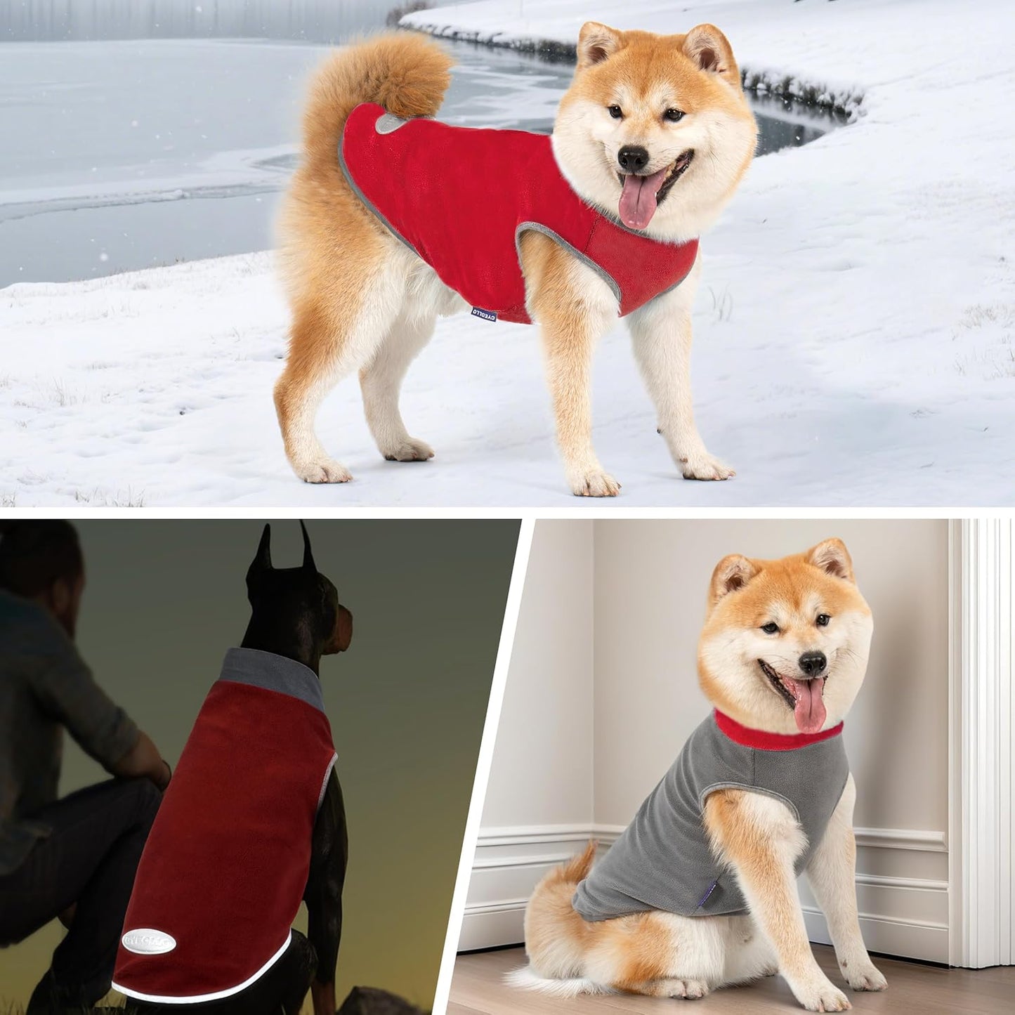 2 Pack Lightweight Dog Sweaters - Stretchy Fleece Vests with Reflective Stripes for Small Dogs in Grey & Red