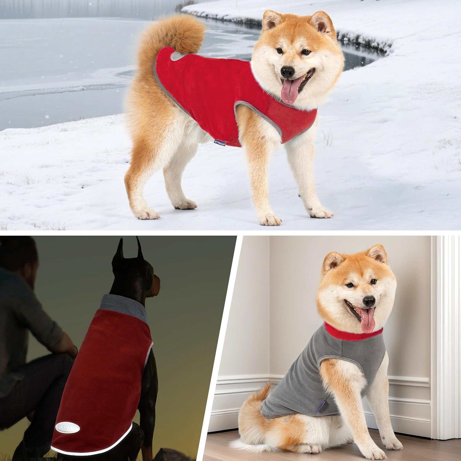 2 Pack Lightweight Dog Sweaters - Stretchy Fleece Vests with Reflective Stripes for Small Dogs in Grey & Red